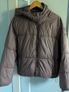 Oysho Spain Taupe Hooded Puffer Jacket Women’s Size L - Rare European Find